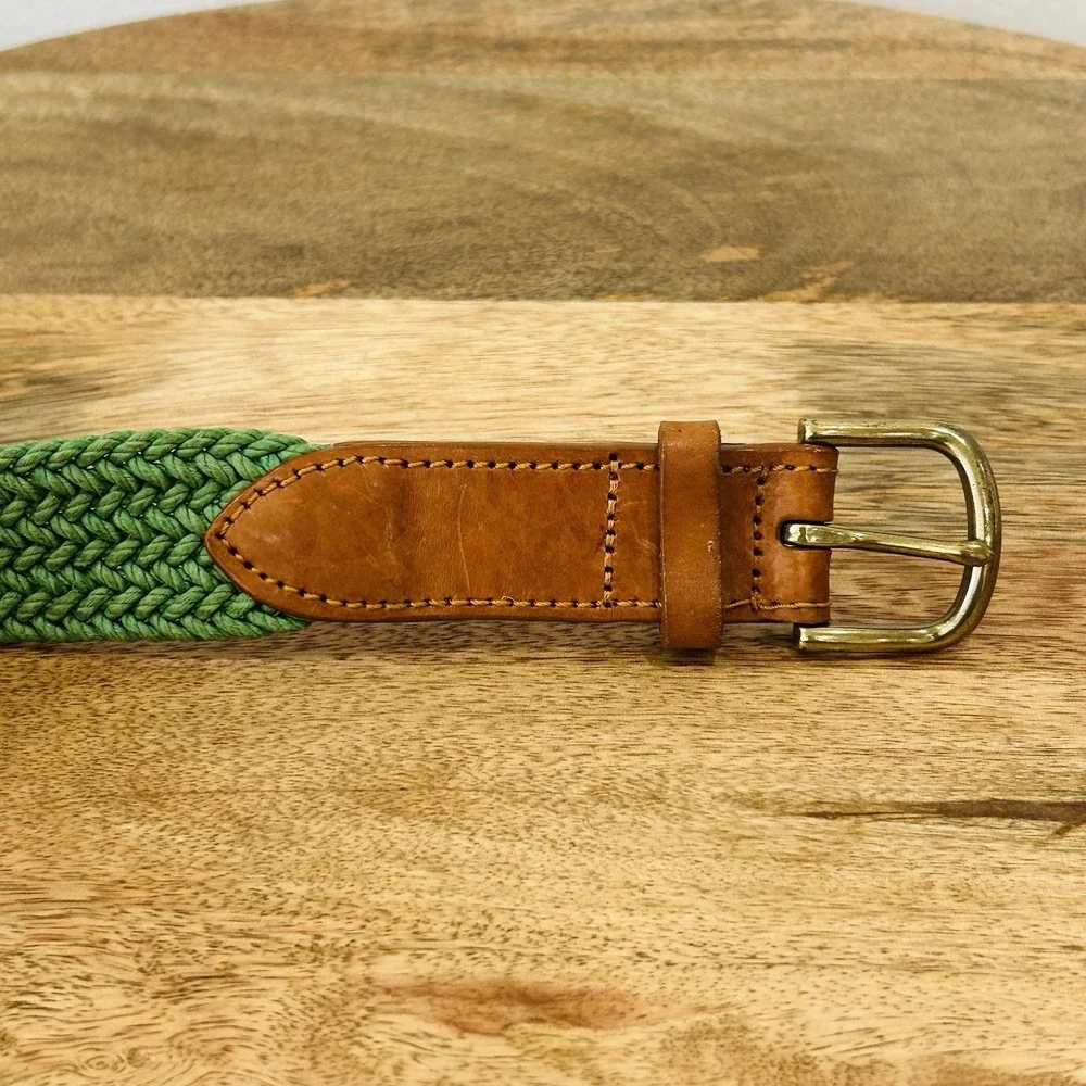 Brooks Brothers 346 Brown Leather Green Webbed Braided Belt Men's Size 36